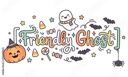 Halloween Pumpkin Background with Spooky Cartoon Bats Ghosts and Witch Decorations for Autumn Holiday Party Celebration Card Design