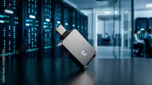 Hardware Security Key on Reflective Surface in Modern Data Center with Blue Server Lights, Cybersecurity Protection and Digital Encryption Concept for Corporate Network Safety