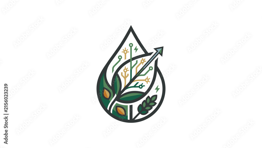 Obraz premium Biomass Energy and Biofuel Logo Icon with Green Leaf, Water Drop, Tech Circuit Board, Growing Arrow, Wheat Ear, and Sustainable Renewable Fuel Symbol