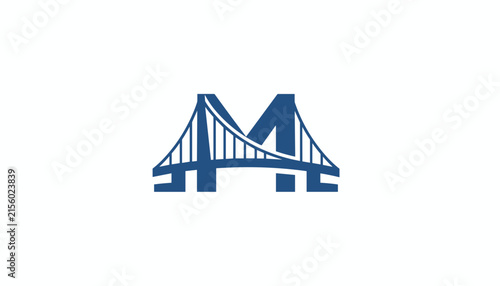 Creative dark blue logo design integrates a classic suspension bridge structure inside the bold capital letter M.
