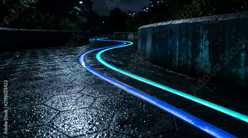 Wet hexagonal pavement with glowing blue and green light lines for futuristic park paths.