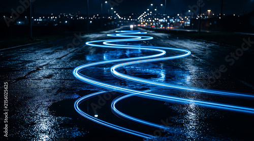 Blue light trails on wet asphalt road at night abstract for technology and future concept.