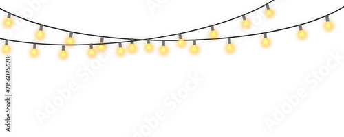 Illuminated fairy string lights hanging on cable with bright warm shine for christmas new year decoration isolated on white background
