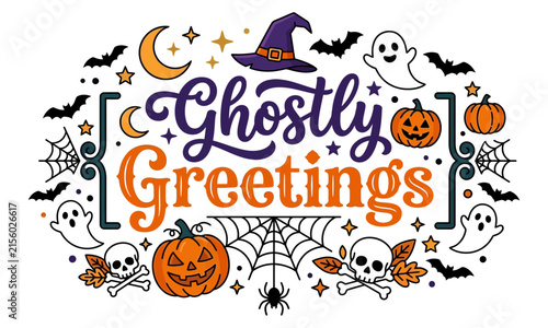 Halloween Pumpkin Background with Spooky Vector Set of Pumpkins, Bat, Cat, Ghost, Witch Hat, Skull, Spider and Moon Cartoon Holiday Illustrations