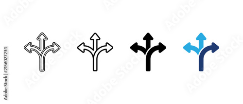 Decision making split path icon set, multi directional choice arrows linear and solid vector illustration