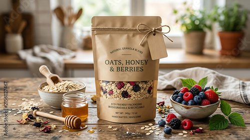 Natural Oats Honey and Berries Breakfast Cereal Product Packaging on Rustic Wooden Table with Fresh Ingredients