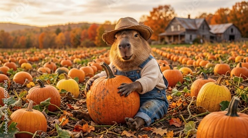 Capybara in denim overalls and straw hat holding a pumpkin in an autumn farm field.