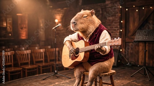Capybara musician playing acoustic guitar on a warmly lit rustic stage.