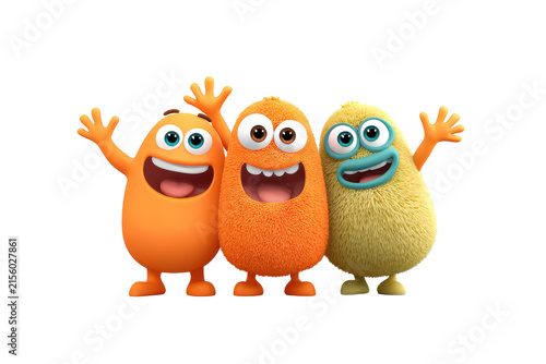 Three joyful monstrous friends embracing friendship isolated on transparent background. Three cheerful cartoon monsters with big eyes and raised arms isolated on white background.