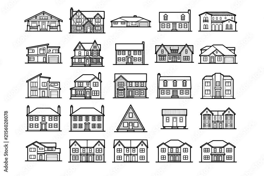 Obraz premium Collection of architectural house drawing designs, presenting a variety of home styles and building designs in a graphic illustration format, highlighting exterior elements.