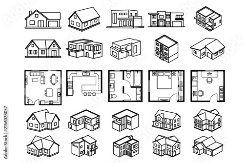 A collection of isometric illustrations showcasing various house designs, floor plans, and architectural styles, highlighting residential property and real estate options.
