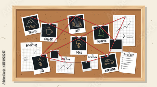 Organized corkboard brainstorm with Polaroid notes, charts, and project ideas for data-driven marketing and product development.