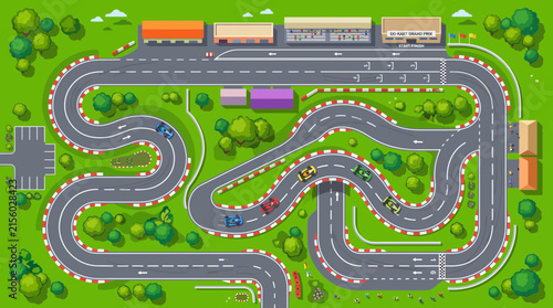 Top-down view of a winding toy car racetrack in a lush green landscape with colorful cars and surrounding buildings