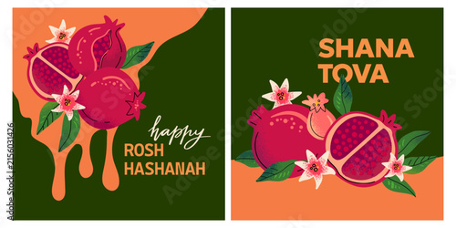 Set of two colorful Rosh Hashanah greeting posters featuring pomegranates, flowers and leaves with Shana Tova and Jewish New Year messages in a modern decorative illustration style