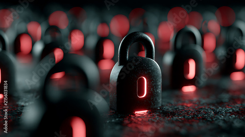Black padlocks with glowing red accents create a security focused composition