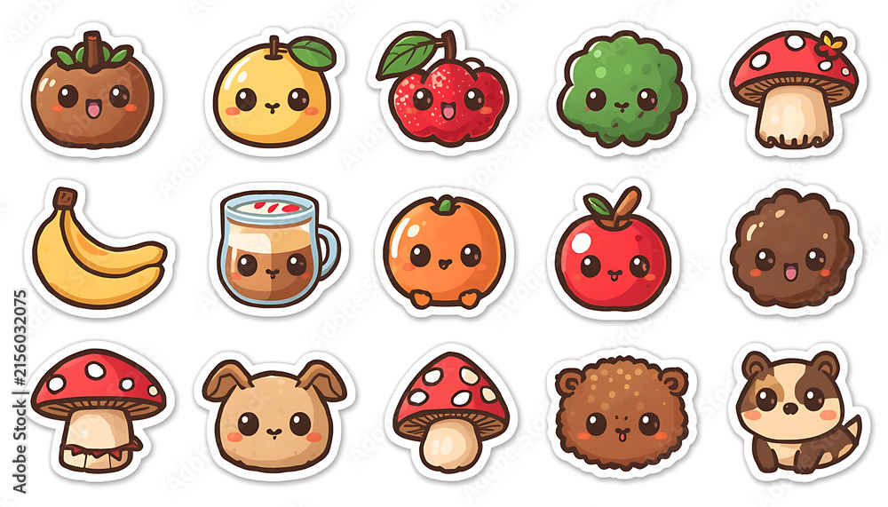 Fototapeta premium Adorable Kawaii Nature Sticker Set with Cute Fruits, Mushrooms and Animals