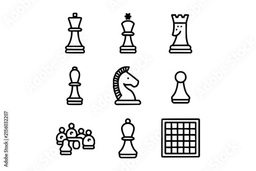 Minimalist chess piece icons set with game board outline in black and white linear style isolated