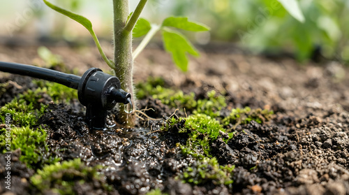Close up of a drip irrigation emitter releasing a water drop onto wet soil. Watering a young green seedling in a greenhouse. Efficient agricultural hydration system