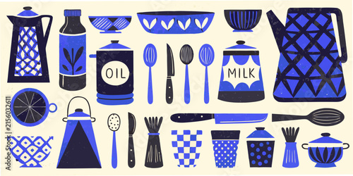Foto Retro kitchenware collection depicted as a two tone blue silhouette