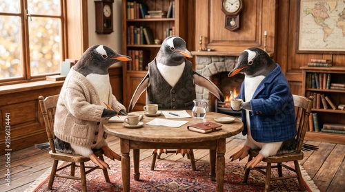 Three penguins hold a business meeting in a cozy library while discussing ideas.