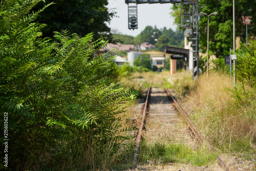 Abandoned secondary railway tracks and disused Canelli station in Canelli, Piedmont, Italy.