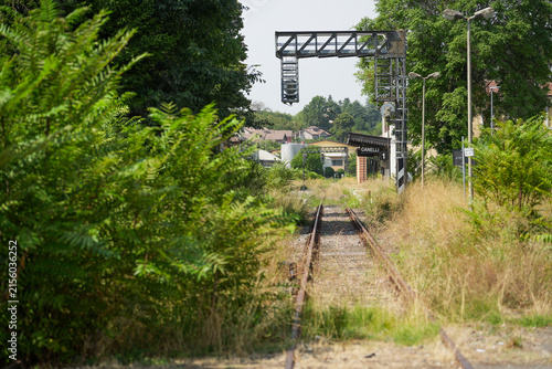 Abandoned secondary railway tracks and disused Canelli station in Canelli, Piedmont, Italy.