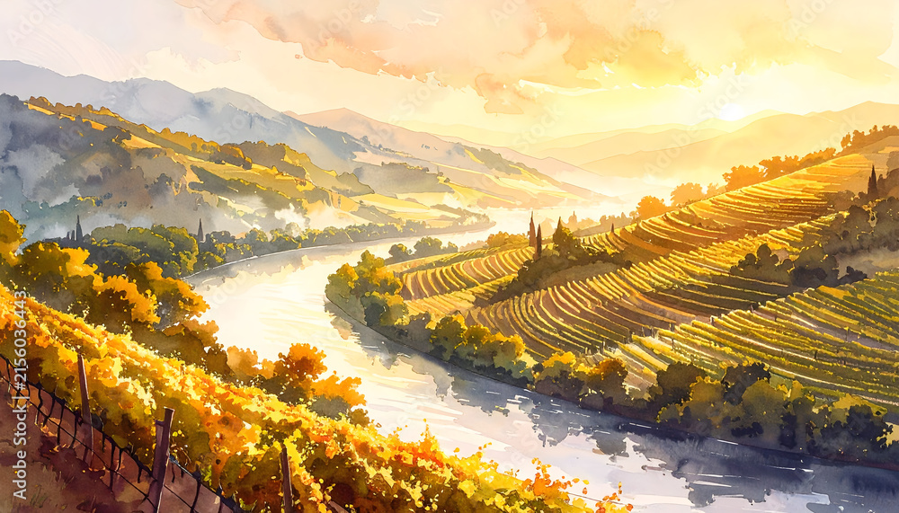 Naklejka premium Watercolor landscape of terraced vineyards along river valley showing warm golden hour mood generative AI