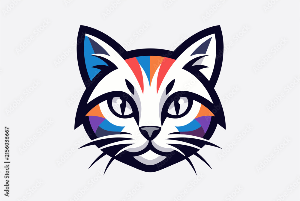 Obraz premium Stylized graphic illustration of an artistic cat face adorned with colorful geometric patterns and white fur details.