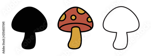 Mushroom Icon Set with Black Silhouette, Colorful Toadstool and Outline Style