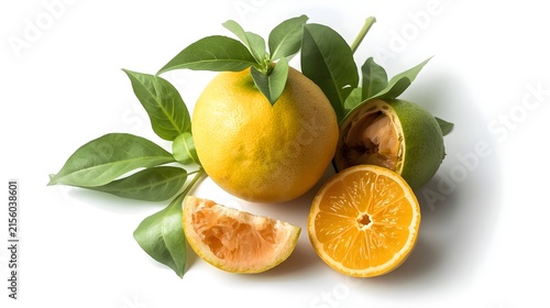 Fresh Oranges with Green Leaves Whole, Half Cut, and Wedges Isolated on White Background