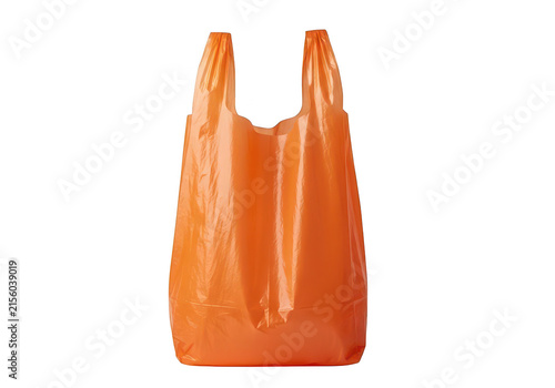 Orange plastic shopping bag with handles on transparent background carrier