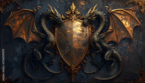 Pair of mirrored dragons forming heraldic emblem around shield showing gothic ornamental gold mood generative AI