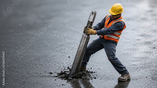 Construction Worker Breaking Asphalt with Steel Jackhammer Tool, Road Repair and Heavy Labor Concept