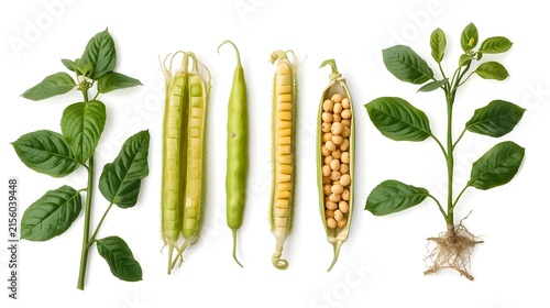 Fresh Soybean Plant Parts with Roots, Pods, and Open Pods Displaying Seeds on White Background