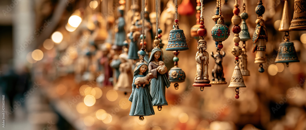Fototapeta premium Festive wonder at a traditional Christmas market hand painted nativity figurines and decorative bells hang in warm bokeh light, evoking artisan craftsmanship and holiday nostalgia.