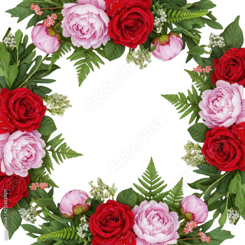 Round floral wreath with red and pink roses isolated on transparent background