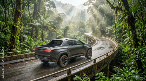 Futuristic electric pickup driving on a wet elevated road through a tropical rainforest.