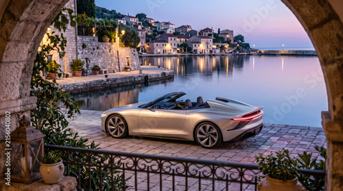 Futuristic luxury electric convertible parked beside a tranquil waterfront village at twilight.