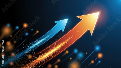 Dynamic glowing blue and orange arrows shooting upwards with light trails and particles symbolizing speed and success.