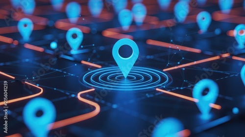 Digital map with location pin icons on tech grid background