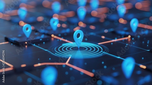 Digital map grid with glowing blue location pins and network connections