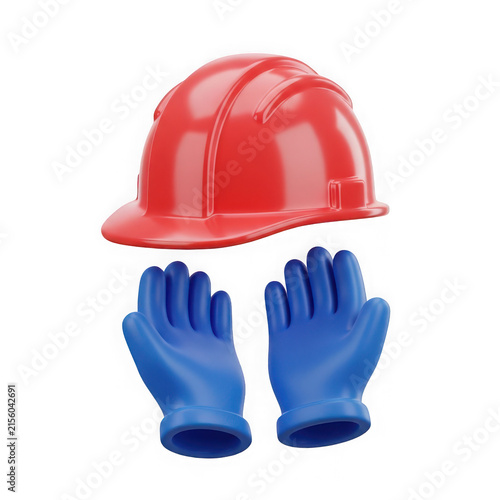 3d rendered image of a red hard hat and blue gloves against a white background