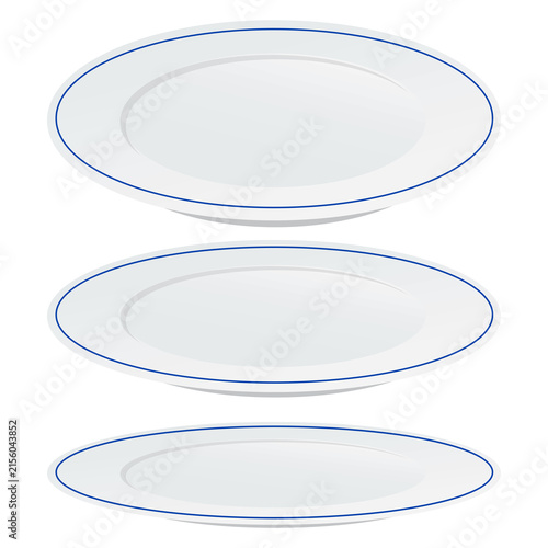 Set of White Plates with Blue Rim in Three Different Viewing Angles