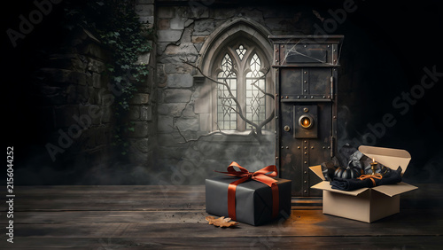 Gothic interior with a gift box and an open box of treasures next to a rustic wooden door interior design interior treasures