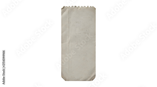 Vertical narrow strip of weathered vintage paper with jagged top edge vertical weathered fragment parchment textured scrapbooking material stationary as isolated object