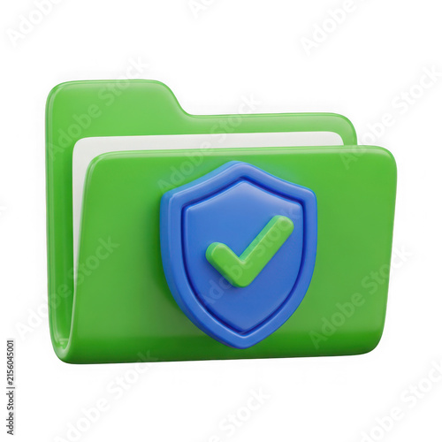 3d rendered image of a secure folder with a shield icon representing data protection and cybersecurity