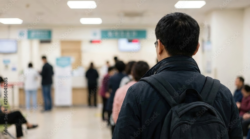 Fototapeta premium Man with backpack waiting in a crowded service queue indoors. Patient customer standing among people at a public office, healthcare facility, or government counter.