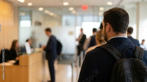 Man with backpack waiting in line at a modern reception desk. Business travel, customer service, airport check in, and queue management concept.