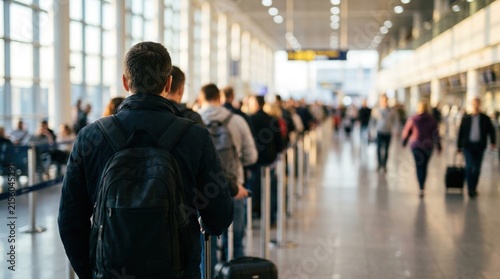 Man with backpack and suitcase waiting in a long airport queue. Traveler standing among passengers at terminal check-in or security line. Travel delay and patience concept.