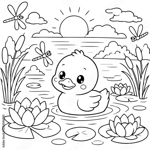 Fotografie Duck Swimming Among Lotus Flowers - Coloring Page